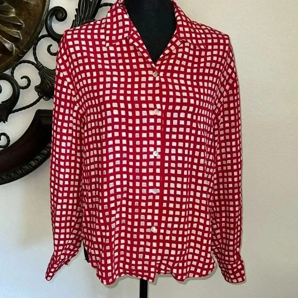 Austin Reed London-New York Women’s 100% Silk Blouse Size 12 Red White Black Tan